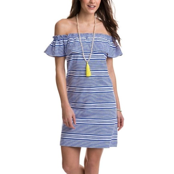Vineyard Vines Size S Blue Yarn Dye Stripe Off The Shoulder Knit Dress - Picture 1 of 7